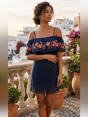 Blue Pepper Off Shoulder Embroidered Dress Mini Sz Small Blue